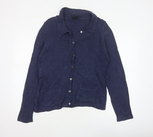 Laura Ashley Women Blue L Cable Knit Collared Button Cardigan