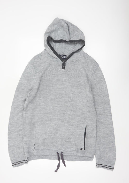 Rover Island Men's Grey S Hooded Henley Jumper Acrylic Knit Pockets