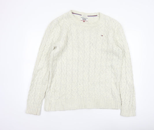 Tommy Jeans Men’s Ivory M Cable Knit Crew Neck Cotton Blend Jumper