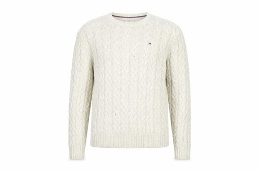 Tommy Jeans Men’s Ivory M Cable Knit Crew Neck Cotton Blend Jumper