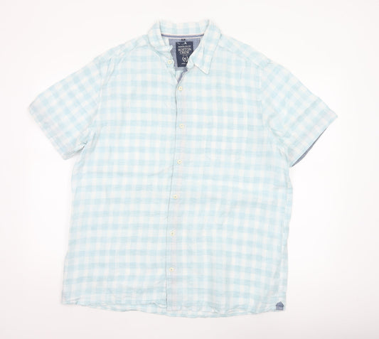 Boston Crew Men's Blue Check Linen Short Sleeve Button-Up Shirt L
