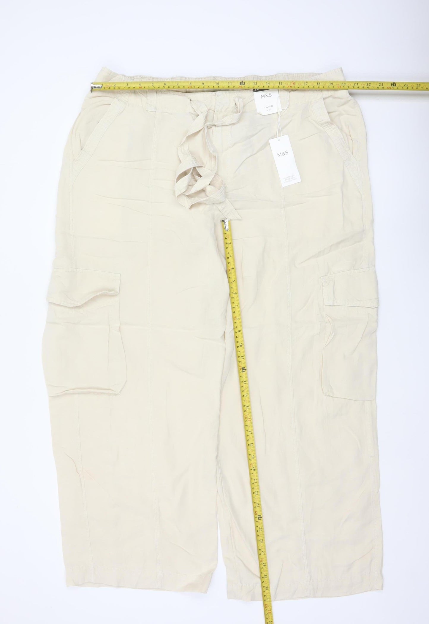 Marks & Spencer Women Ivory UK 22 Cargo Linen Blend Trousers