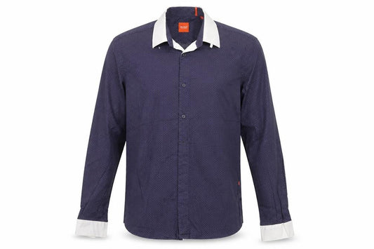 Hugo Boss Men’s Blue M Geometric Contrast Collar Long Sleeve Button-Up Shirt