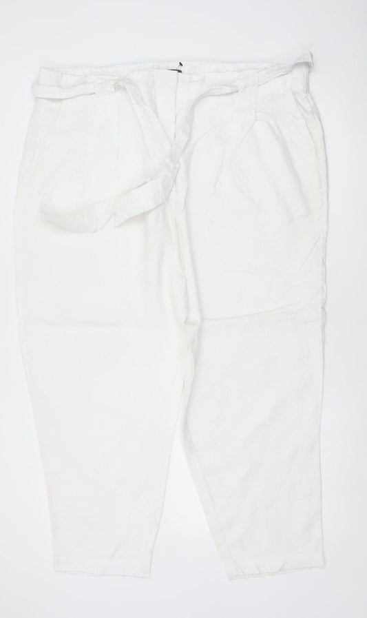 M&S Women White Linen Paperbag Belted Tapered Trousers Size 22