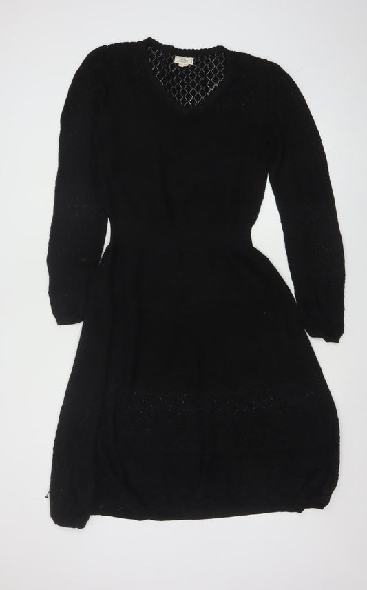 Fat Face Women Black UK 10 Fit & Flare Knit V-Neck Jumper Dress