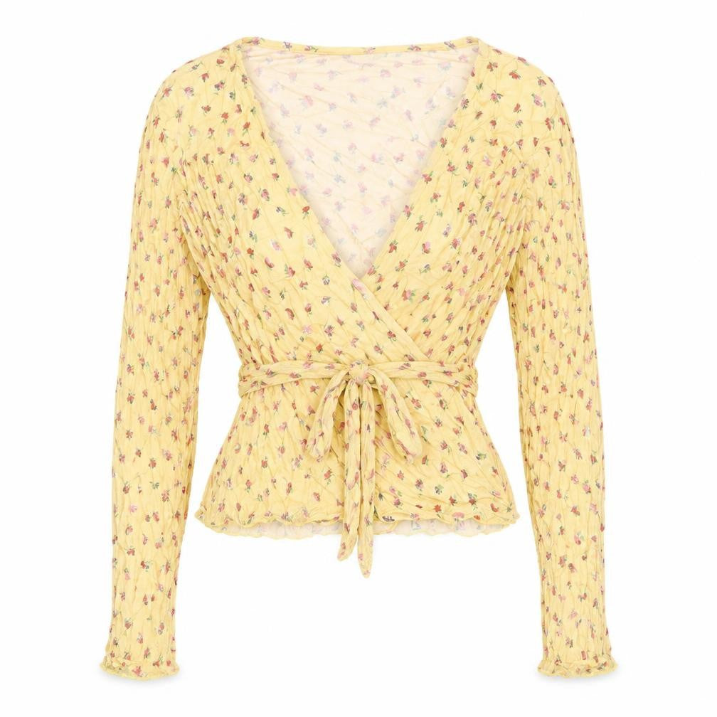 ASOS Design Women Yellow Floral Wrap Peplum Blouse UK 8 Long Sleeve