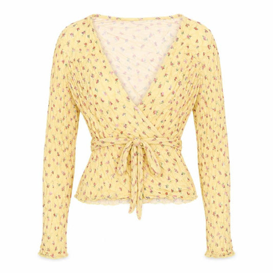 Front view of ASOS Design Women Yellow Floral Wrap Peplum Blouse UK 8 Long Sleeve