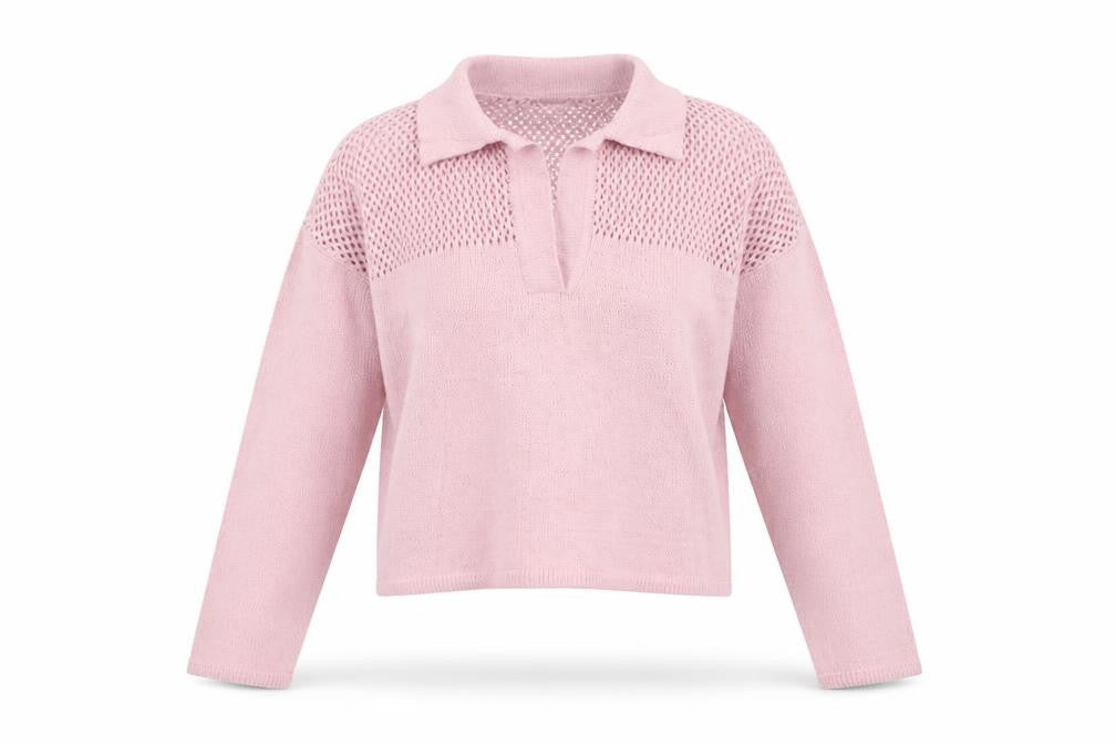 Zara Women Pink S Open Knit Collared Long Sleeve Pullover Jumper