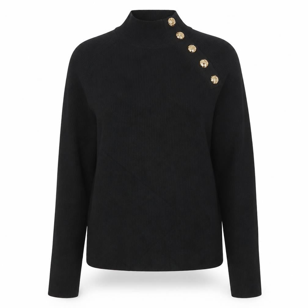 Zara Women Black Size S High Neck Ribbed Knit Gold Button Jumper