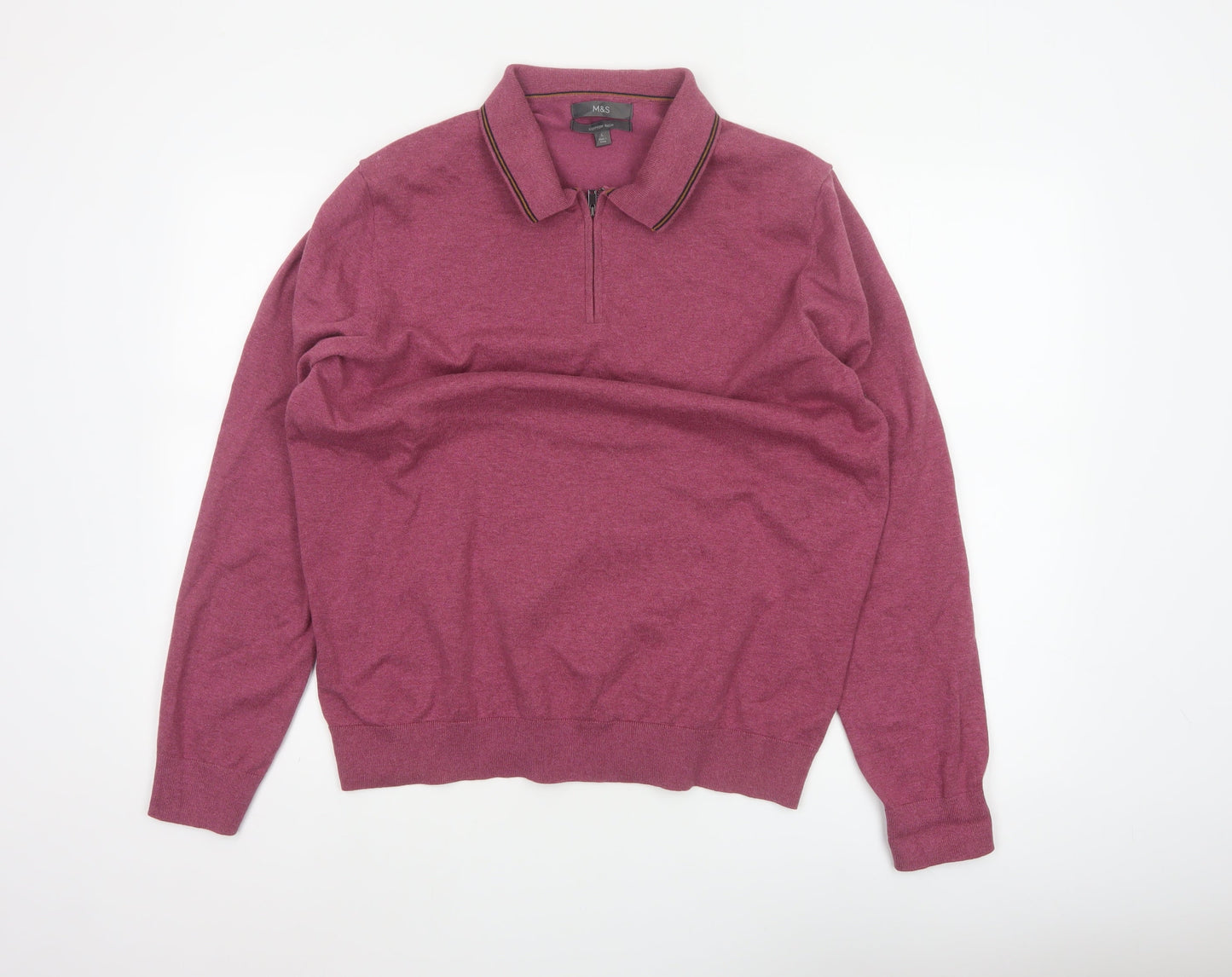 Marks & Spencer Men’s Pink L Cotton Rich 1/4 Zip Collared Jumper