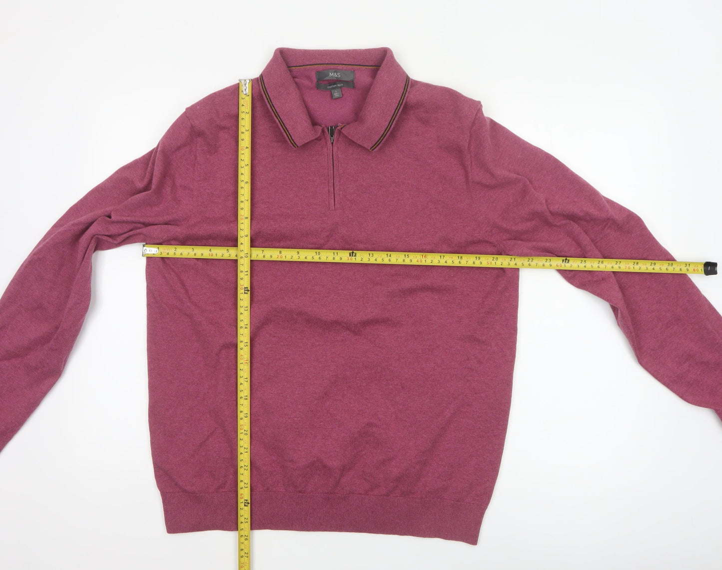Marks & Spencer Men’s Pink L Cotton Rich 1/4 Zip Collared Jumper