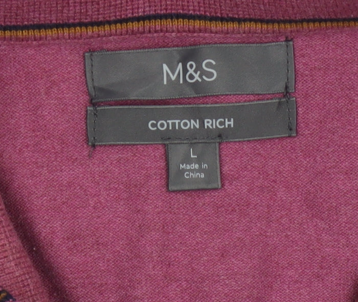 Marks & Spencer Men’s Pink L Cotton Rich 1/4 Zip Collared Jumper