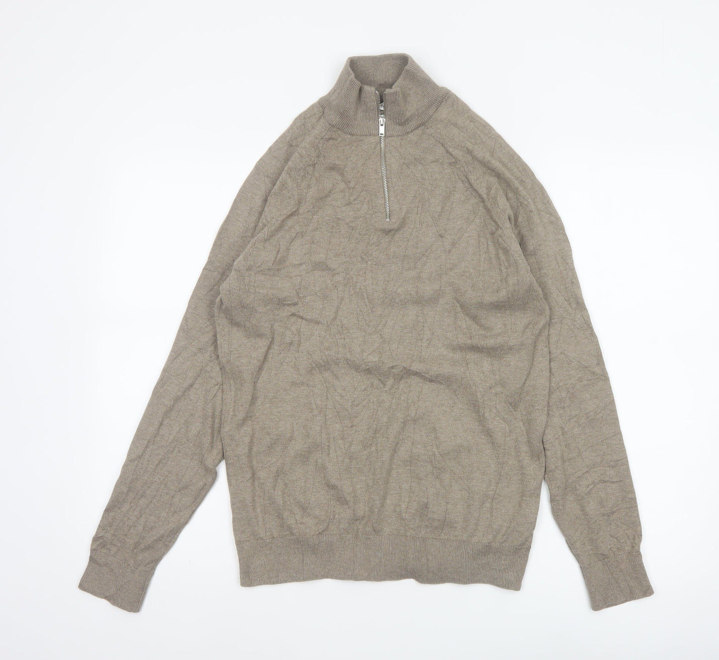 Marks & Spencer Men's Beige S Cable Knit 1/2 Zip High Neck Jumper