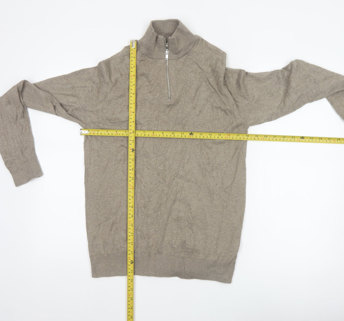 Marks & Spencer Men's Beige S Cable Knit 1/2 Zip High Neck Jumper