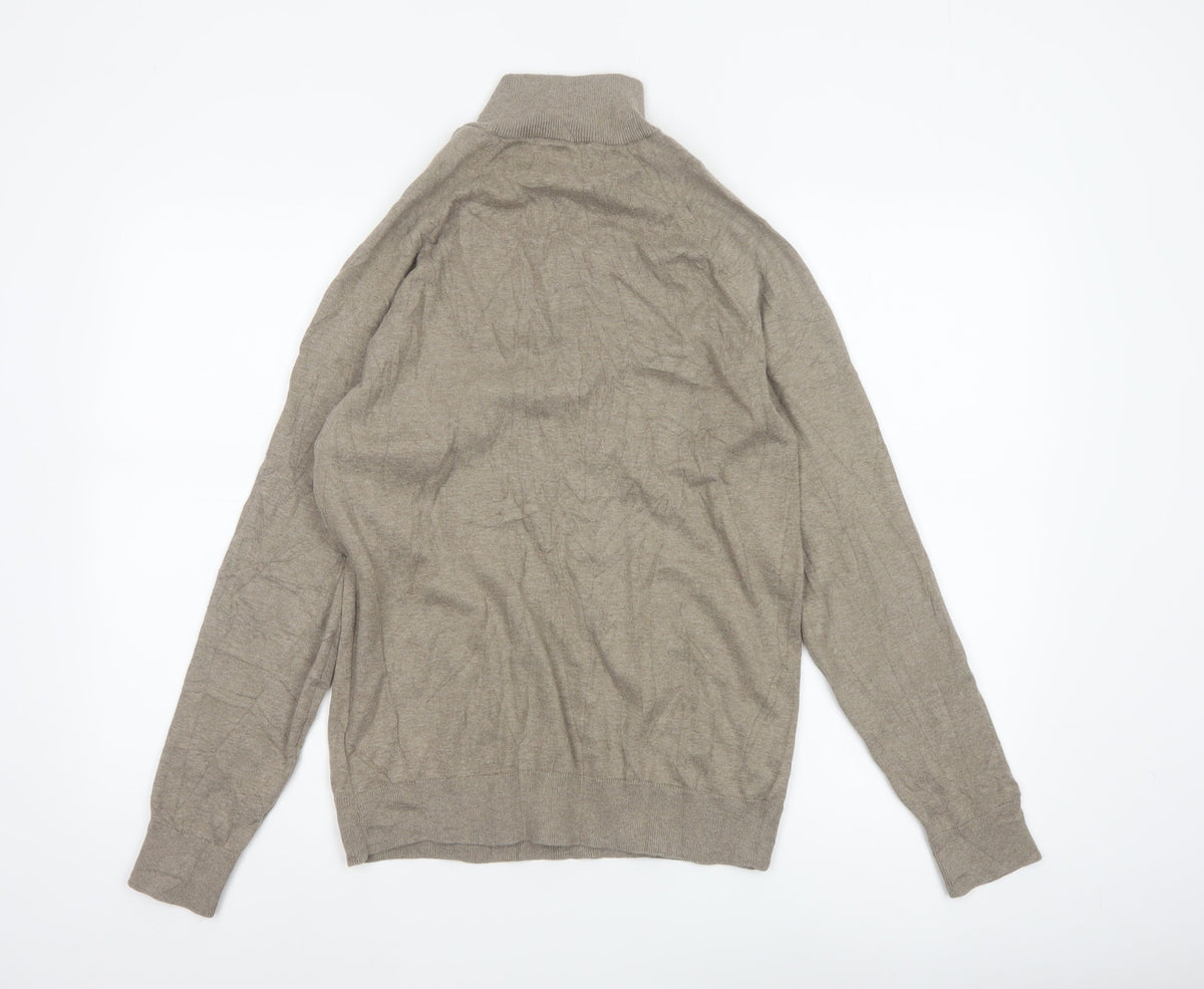 Marks & Spencer Men's Beige S Cable Knit 1/2 Zip High Neck Jumper