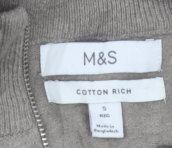 Marks & Spencer Men's Beige S Cable Knit 1/2 Zip High Neck Jumper