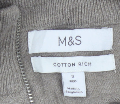 Marks & Spencer Men's Beige S Cable Knit 1/2 Zip High Neck Jumper
