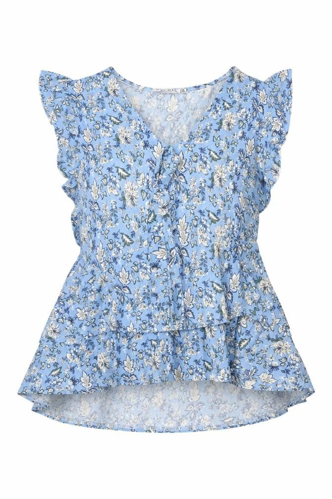 In The Style Women Blue Floral UK 24 Wrap Peplum Flutter Sleeve Blouse