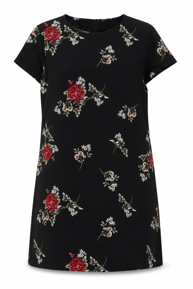 Boohoo Women Black Floral Shift Dress UK 12 Short Sleeve Knee Length