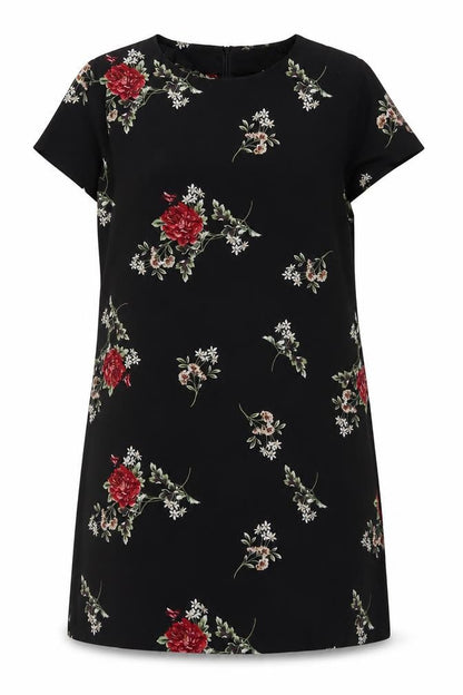 Boohoo Women Black Floral Shift Dress UK 12 Short Sleeve Knee Length