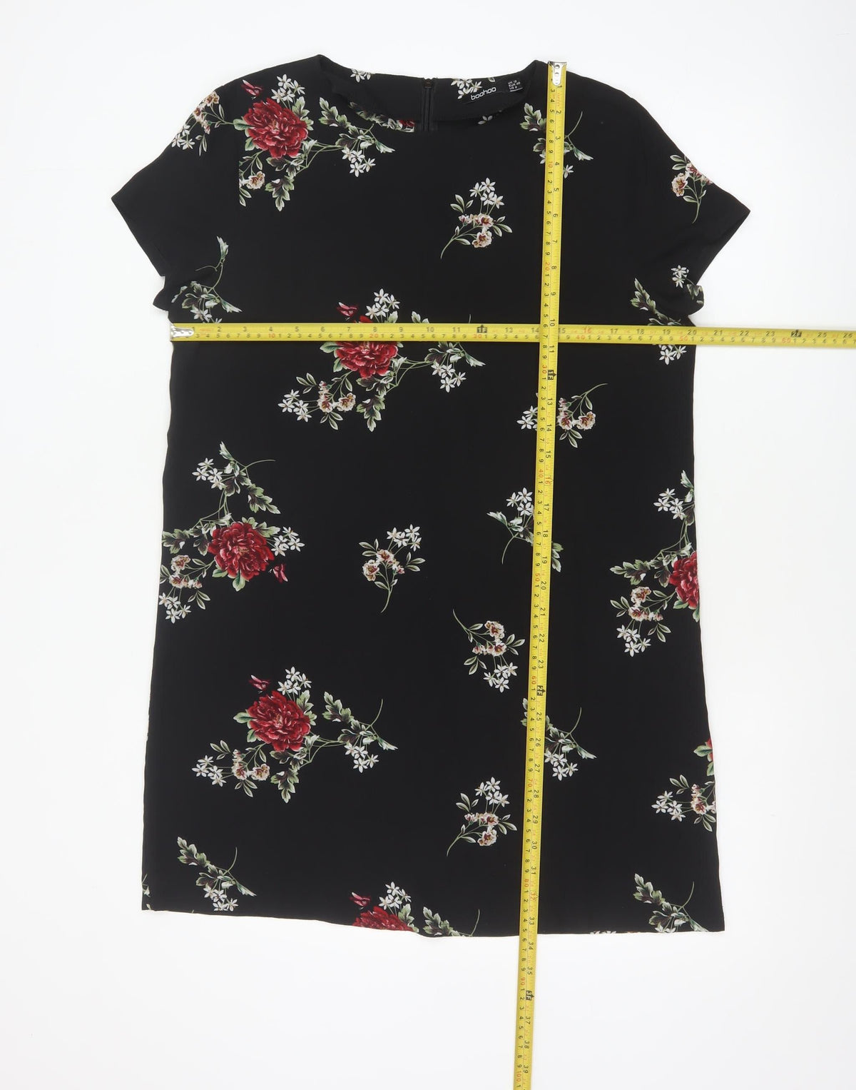 Boohoo Women Black Floral Shift Dress UK 12 Short Sleeve Knee Length
