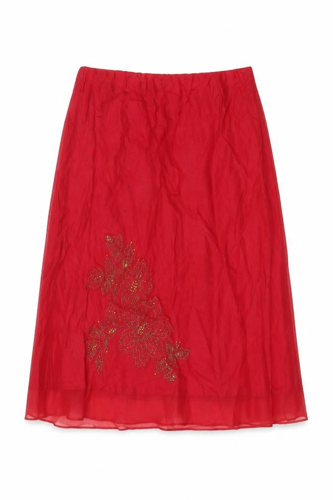Marks & Spencer Women Red UK 14 Linen Floral Beaded A-Line Skirt