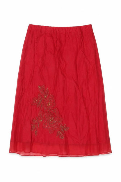 Marks & Spencer Women Red UK 14 Linen Floral Beaded A-Line Skirt