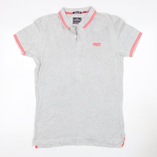 Superdry Men’s Grey Pink Trim Logo Cotton Polo Shirt M