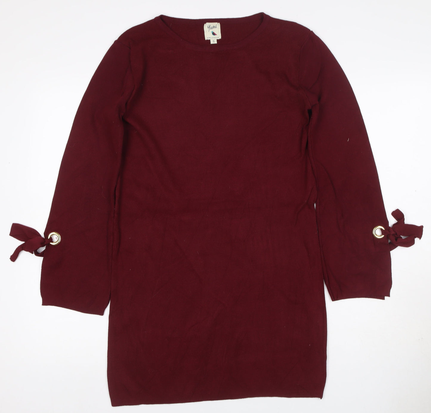 Yumi Women Red S Knit Jumper Dress Long Sleeve Tie Cuffs