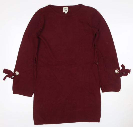 Yumi Women Red S Knit Jumper Dress Long Sleeve Tie Cuffs