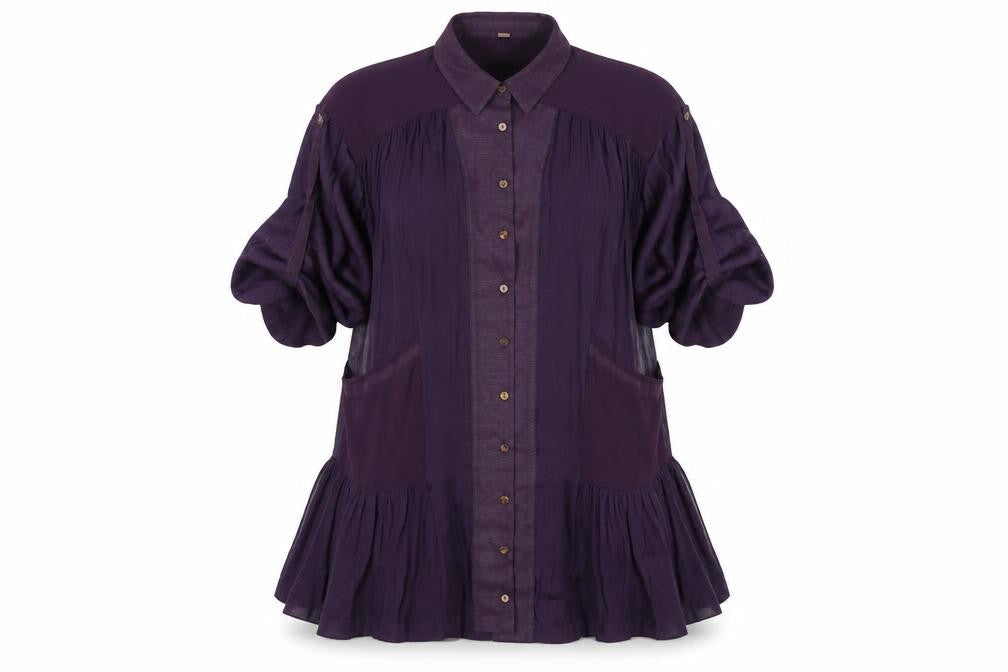 Front view of Free People Women Purple XS Bohemian Pleated Shirt Dress