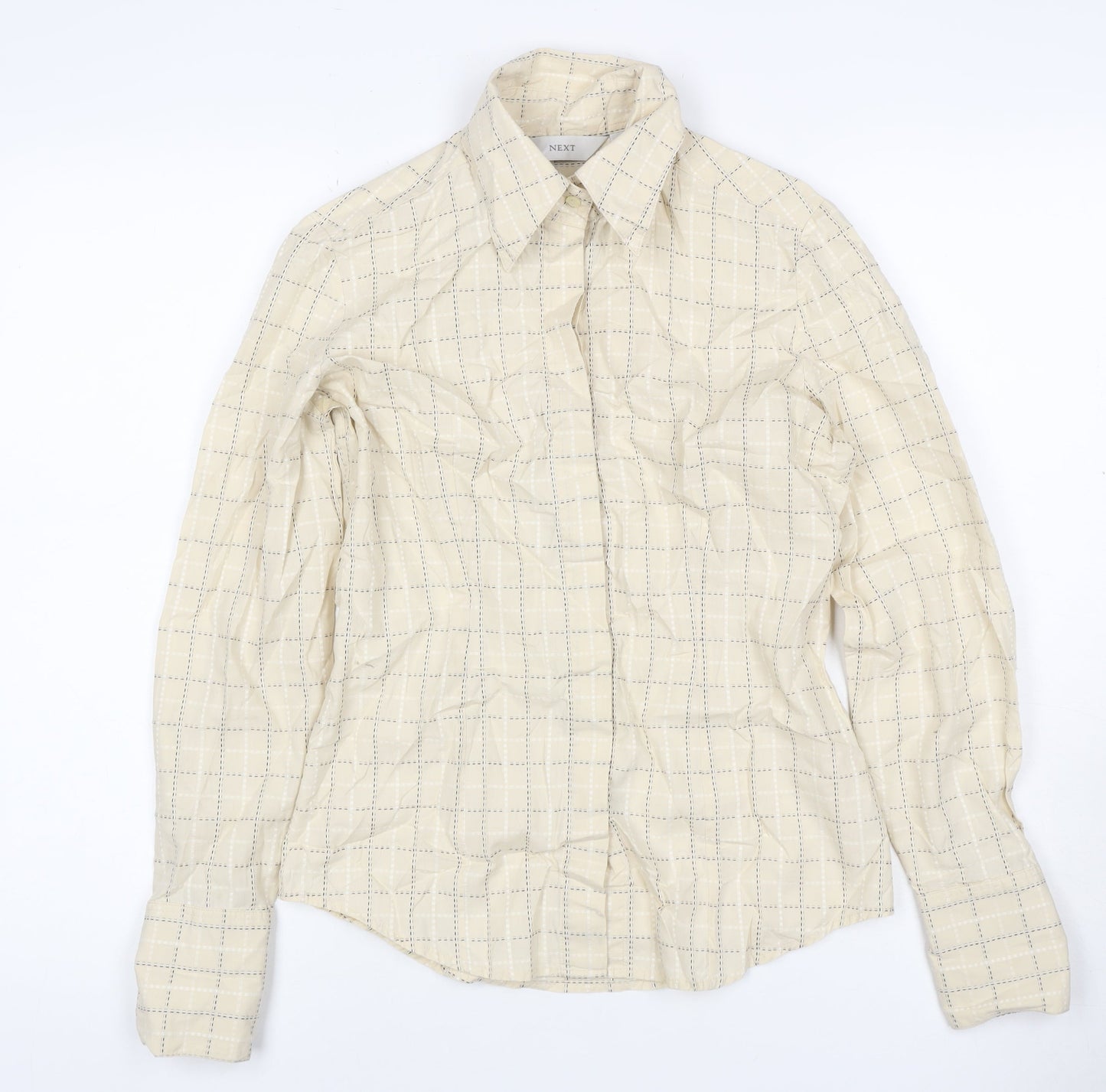 Next Women Beige Check Cotton Button-Up Shirt UK 8 Long Sleeve Collared