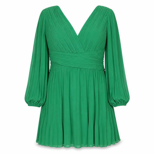 Boohoo Women Green UK 16 Pleated V-Neck Fit & Flare Party Dress