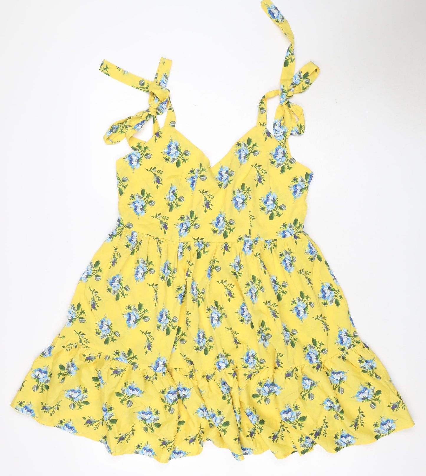 Boohoo Women Yellow Floral UK 14 Fit & Flare Tie Strap Midi Dress