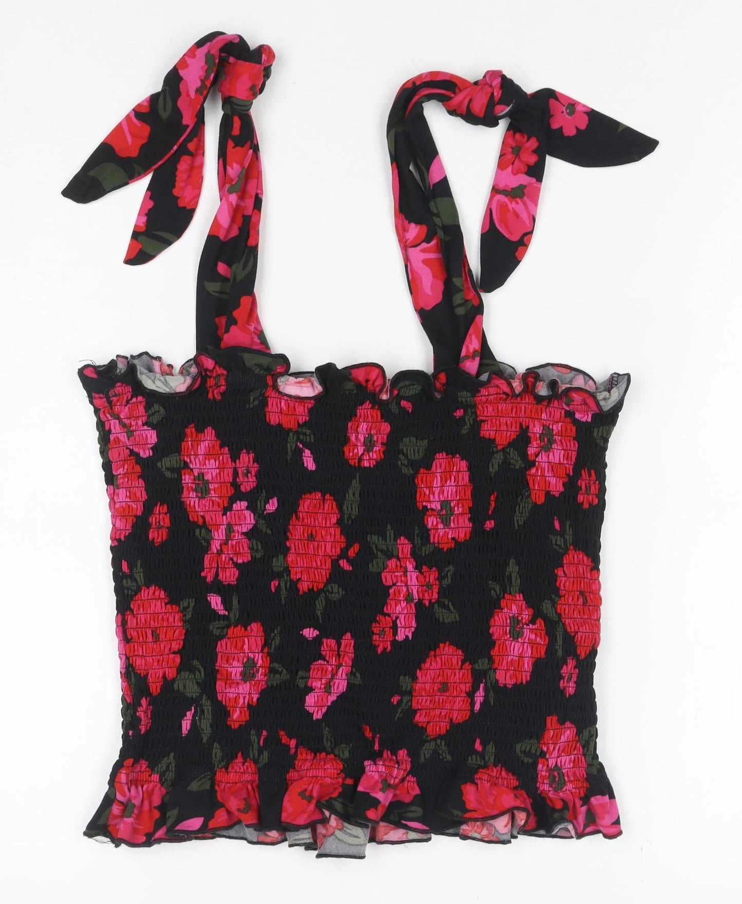 Brave Soul Women Black Floral Tie Strap Smocked Camisole Top Size L