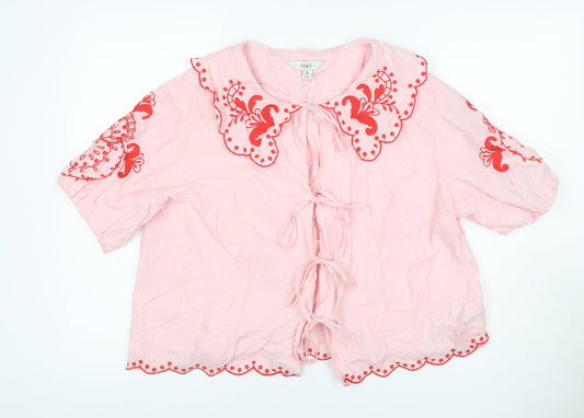 Marks and Spencer Women Pink Size 14 Embroidered Tie Front Blouse
