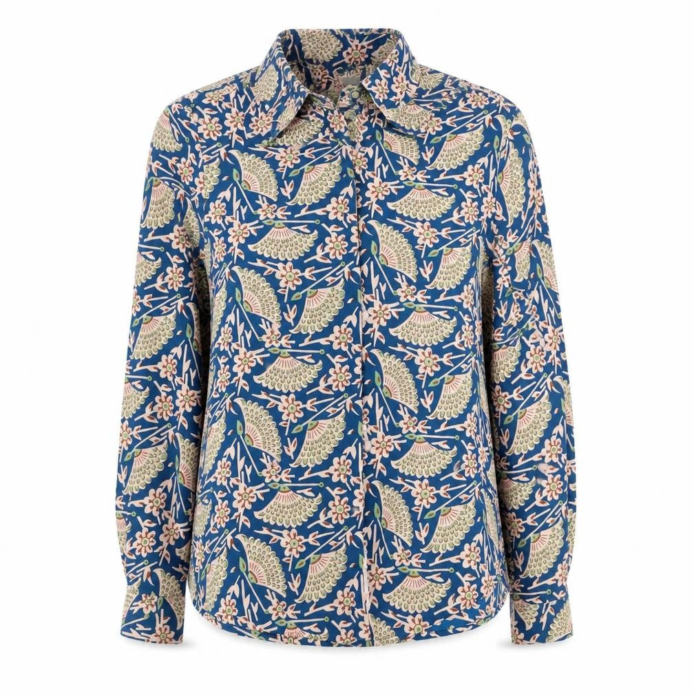 ASOS Women Blue Bird Floral Viscose Button-Up Shirt UK 12