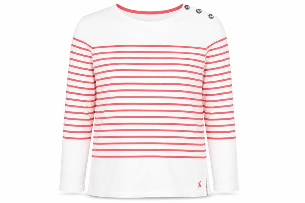 Joules Women White Pink Stripe Cotton Jersey Long Sleeve Top UK 14