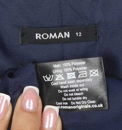 Brand and care label for Roman Women Blue UK 12 Cropped Suit Jacket Lined Short Sleeve