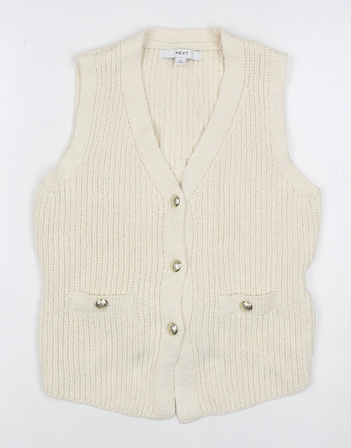 Next Women Ivory Chunky Knit Belted Button Vest Cardigan Size 10
