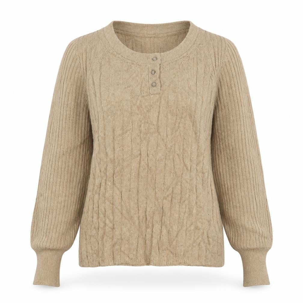Per Una Women Beige S Cable Knit Cotton Blend Henley Jumper