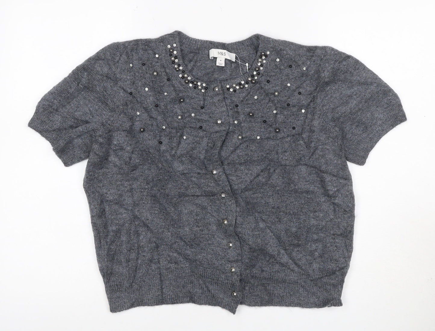 Marks & Spencer Women Grey M Beaded Rhinestone Short Sleeve Cardigan