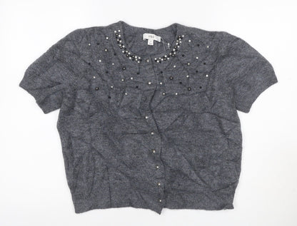 Marks & Spencer Women Grey M Beaded Rhinestone Short Sleeve Cardigan