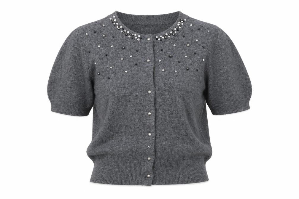 Marks & Spencer Women Grey M Beaded Rhinestone Short Sleeve Cardigan