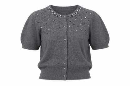 Marks & Spencer Women Grey M Beaded Rhinestone Short Sleeve Cardigan