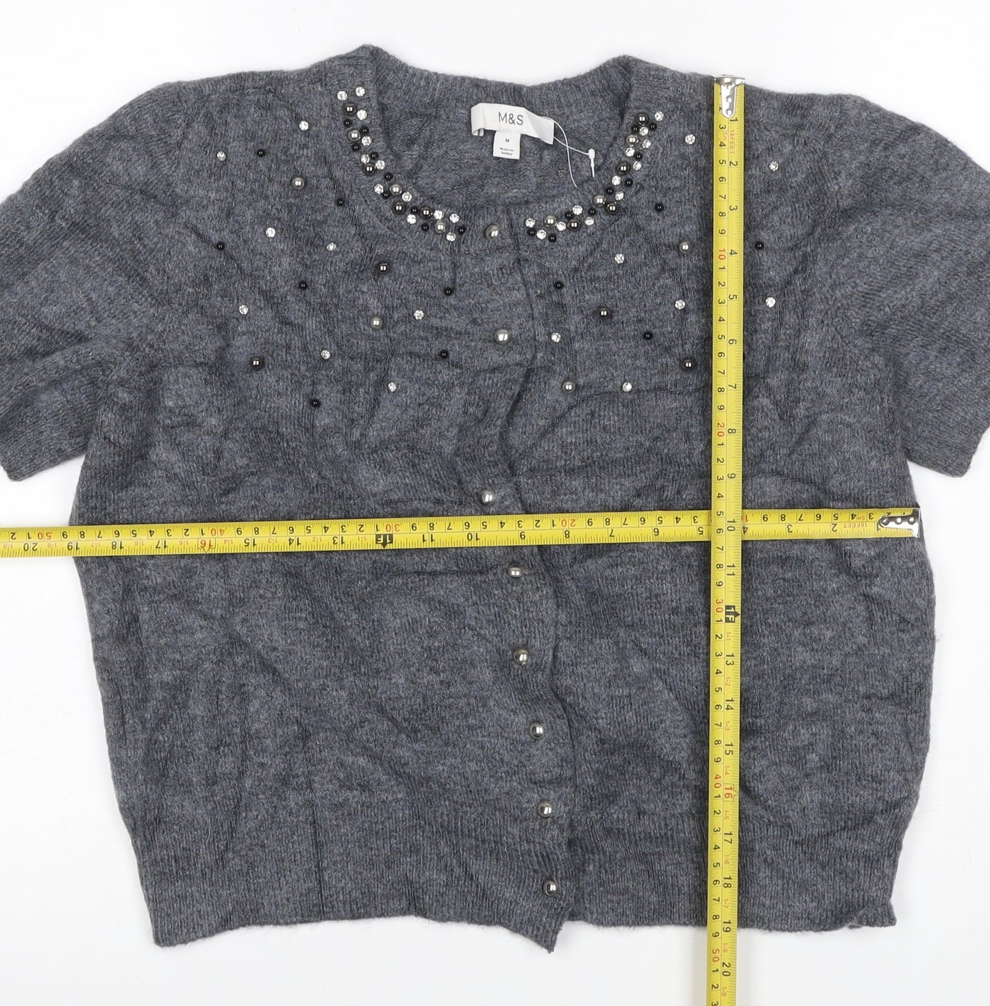 Marks & Spencer Women Grey M Beaded Rhinestone Short Sleeve Cardigan