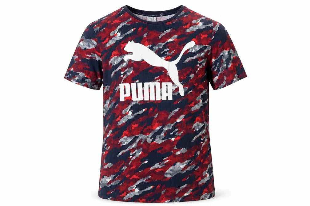 Puma Men's Red Blue Camo Logo Graphic Crew Neck T-Shirt Size L