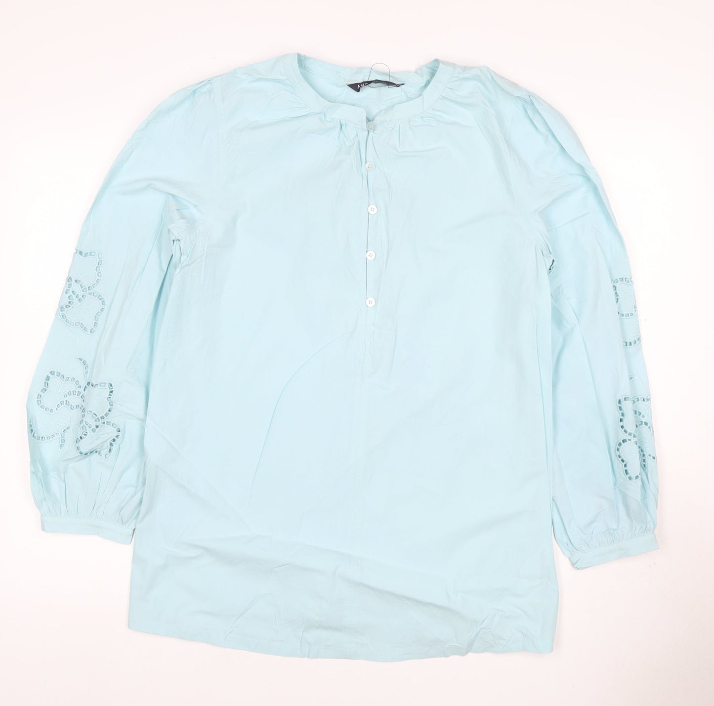 Marks & Spencer Women Blue Size 10 Cotton Embroidered Long Sleeve Tunic Blouse