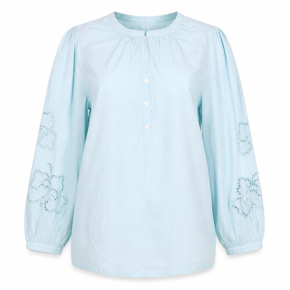 Marks & Spencer Women Blue Size 10 Cotton Embroidered Long Sleeve Tunic Blouse