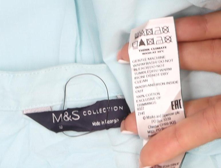 Marks & Spencer Women Blue Size 10 Cotton Embroidered Long Sleeve Tunic Blouse